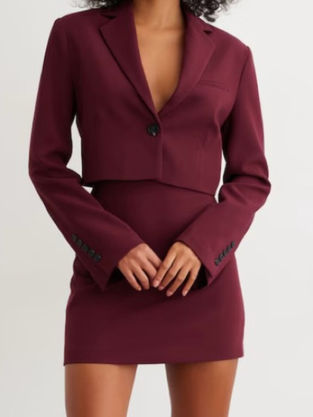 Dynamite Burgundy Cropped Blazer & Mini Skirt Set
